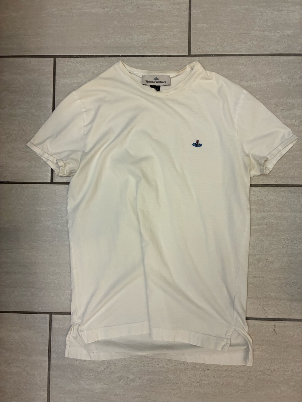 Vivienne Westwood Cream Crewneck T-Shirt with Blue Orb Logo